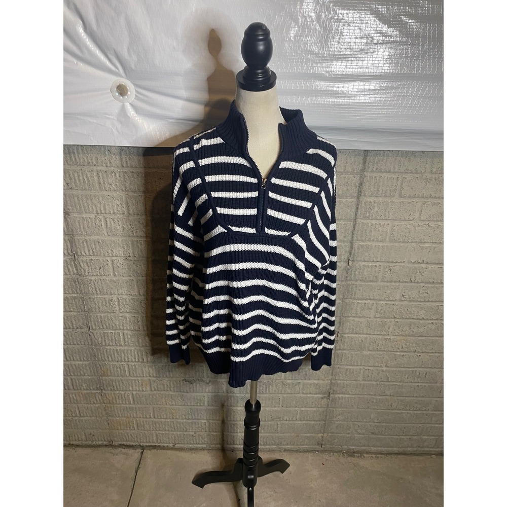 Time and Tru Womens Striped 1/4 Zip Pullover Knit Sweater Size L